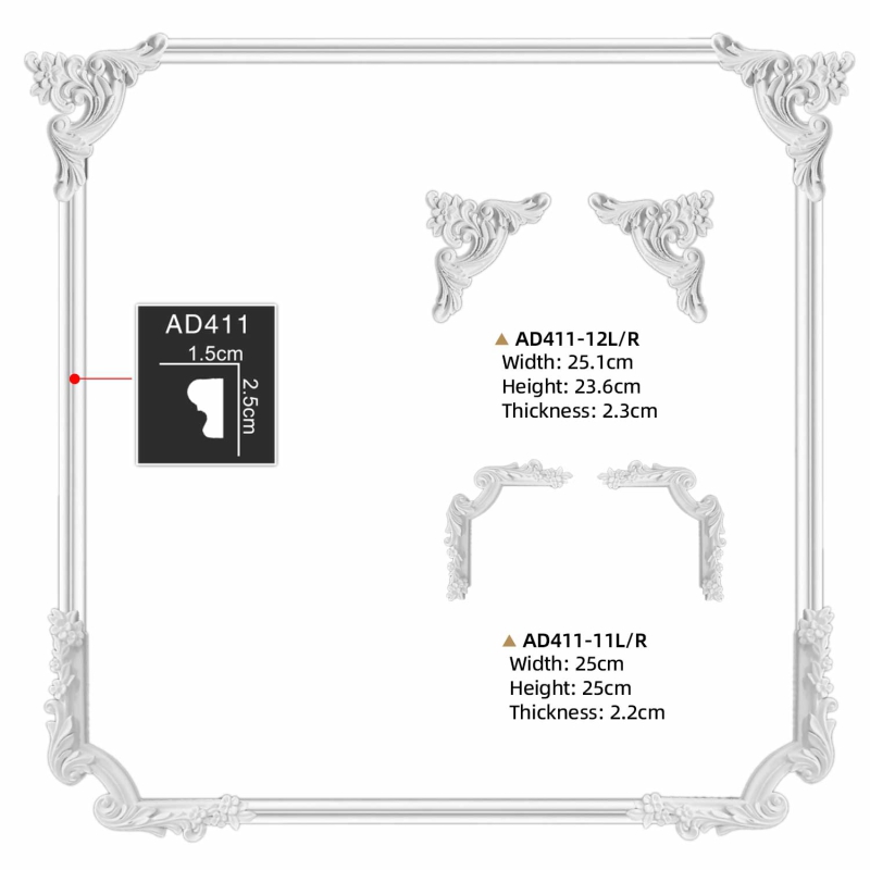 AD411-11L/R Polyurethane European Embossed Corner Applique for Living Room Wall Decoration
